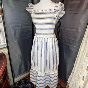 Smocked Tiered Maxi Dress Blue White Strip Ruffle Sleeve Speed Limit 1X XL